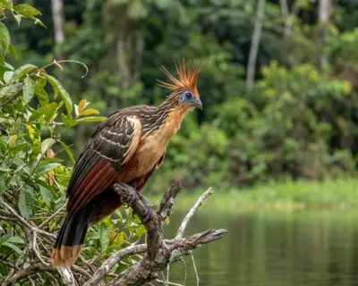 Ave hoatzin posada en vegetación del lago Machuwasi